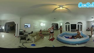 Latina teen lesbians oil wrestling with their big ass stepsisters in VR