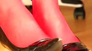 Red Stockings & Stiletto Footplay Under Leggings