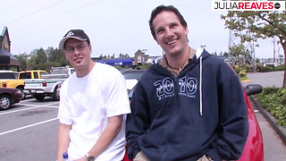 Naughty girl gets cum in face and tits after fucking two huge cocks