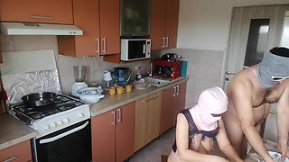 Hot amateur couple having fun in the kitchen. Sexy mom has breakfast in the bedroom, hairy, big, big ass