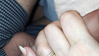 Step mom hand can't stay away from step son dick without handjob his dick