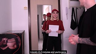 Delivery girl thanks with a hot threesome and sex doll