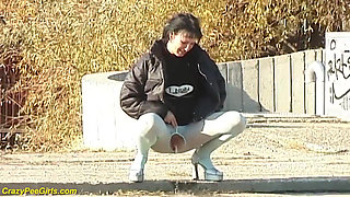 Pantyhose girl pees on the staircase