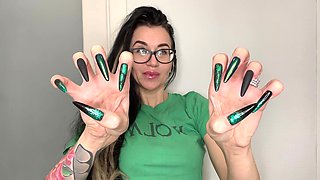 Finger Snapping and Sucking Fingers with Green Long Nails, Long Hair, Glasses and Face