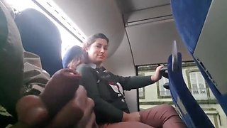 Exhibitionist Charms MILF for Handjob on Bus