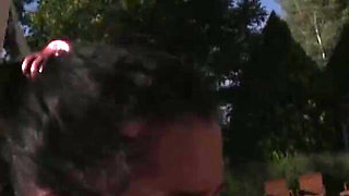 Two amazing babes getting fucked outside