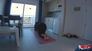 He took out his dick and began to masturbate on Stepmom's ass while the stepmom was doing yoga. Got a blowjob