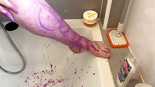 chubby bbw washes feet huge natural tits pussy and bum in the shower while you watch her soapy body and tattoos