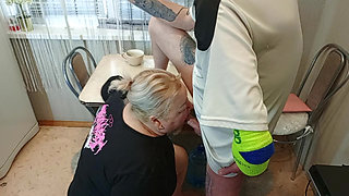 in the afternoon, I fuck my neighbor in the mouth in the kitchen and cum