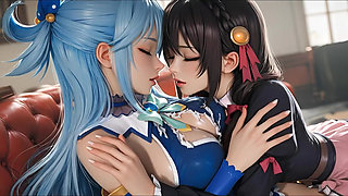 Sfw Aqua and Yunyun From Konosuba Soft Show Touching and Kissing Lesbian