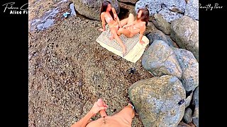 Big Tits Girls Flashing Leads to Beach Handjob on Exhib Trip