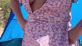 Flashing Pussy Outdoors in a Wrap Dress No Panties