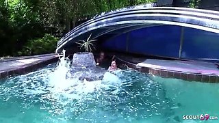 Jenny Simons and Lucie Lee: Stepmom Seduces Teen with Big Natural Tits for Poolside Lesbian Sex