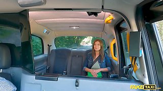 Faux cab stellar innocent looking brunette caught fellating in the taxi and needs to pay