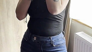 Masturbating with a Huge Black Cock in a Denim Miniskirt