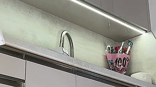 Big Tits Big Ass Hot and Cute Beautiful New Wife Takes Her G-string off to Flash Her Tight Shaved Pussy in the Kitchen