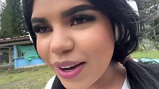 Chubby latina with huge tits plays with pussy in car and blows driver's cock