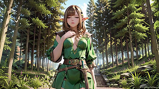 Green Elf in the Forest Secret! Kneeling gaze under dappled sunlight, a dreamy tease with fingertips touching her lips.