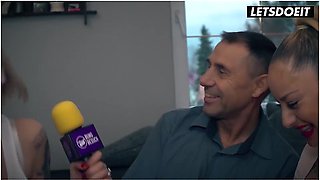 Two Busty Tattooed Blondes Compete For His Attention... He Picks The One With The Biggest Fucking Rack