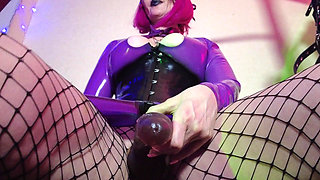 Fetish Rubber Dominatrix Eva Latex Purple Dress Mask Big Ass MILF Toys BDSM Femdom Solo Hot