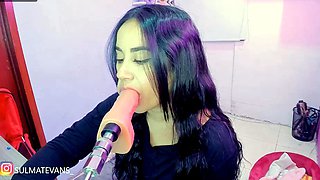 Brunette Sucks Big Pink Dildo Machine