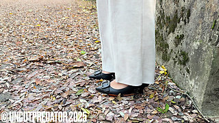 Young Arabic girl shows off her sexy exotic feet outside and gives a footjob for the first time to a big white uncut cock