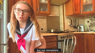 Young Beauty in Japanese College Uniform Masturbates in the Kitchen and Chats with You