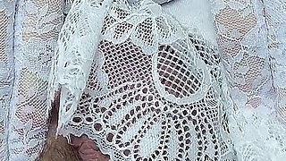 White Lace Stockings & Gloves Masturbation Orgasm - Riding Huge Dildo Orgasm