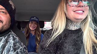 My Husband's Cuckold Got Out of the Car and I Called the Gas Station Attendant to Fuck and She Accepted and Got in the Car and W