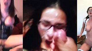 Fantastic Nerdy & Messy Honeys Getting off on Fake penis Money-shot Facial Cumshot Compilation
