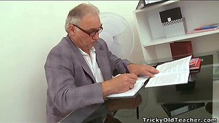 Senior uber-sexy teacher pounds junior schoolgirl and glazes tits with cum