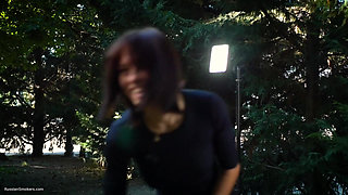 Sweet Russian Beauty Smoking Cigarette in Nature