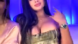 Busty curly brunette with big boobs fucks on couch