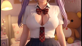 Hentai Shoolgirl Cosplay Mastubrates in Bed, Violet Hair