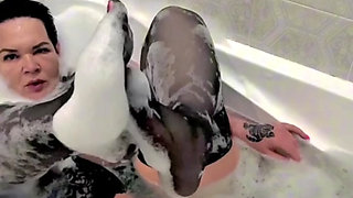 Stepmom Takes A Bath in Stockings and Sexy Lingerie, Wet Big Ass