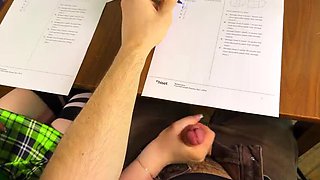 Schoolgirl Helps Big Cock Under Desk During Exam for Right Answers – Handjob Cumshot