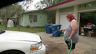Hot Mature BBW Redhead Nurse Vicki Washes Her Car!
