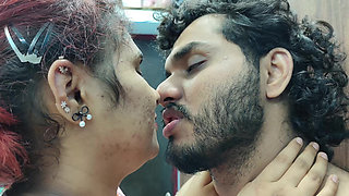 Hot couple lip lock with navel lick and boobs press