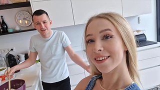 Russain cutie Nata Ocean sucks cock in the kitchen while you watch from behind