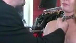 Humiliating blonde girl tits squeezing in the cage
