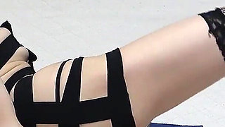 Cute Slender Girl's Exercise Room, a Girl in See-through Sexy Miniskirt, Thong Panties, Fishnet Stockings in Japanese Apartment
