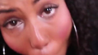 Ebony slim teen Leah Luxxx POV blowjob deepthroat cum swallow