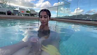 She sucks my dick a little bit and jerks me off in the pool