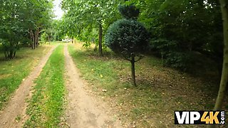 Vip4k. stunner with pierced nips and tattoos screws in the woods