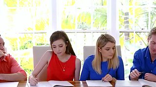 Busty black-haired and platinum-blonde girls give