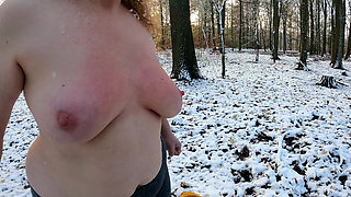 Throwing Snow Balls on Her Naked Tits in the Woods
