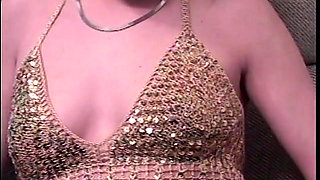 Short-haired slut energetically rubs her moist shaved twat then dildo fucks it