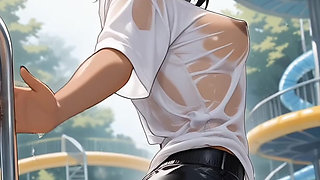 Japanese MILF Mom Shakes Huge Tits in Wet Panties at Pool