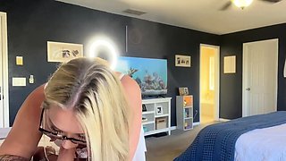Blonde cumshot amateur MILF POV jerking in the kitchen