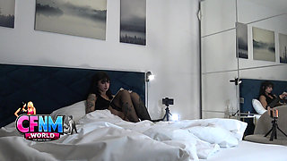 Real College Girl Hottest Brunette Babe in Black Stockings Andmini Short Skirt Gives a CFNM Handjob Slowly Gets Cum on Her Legs
